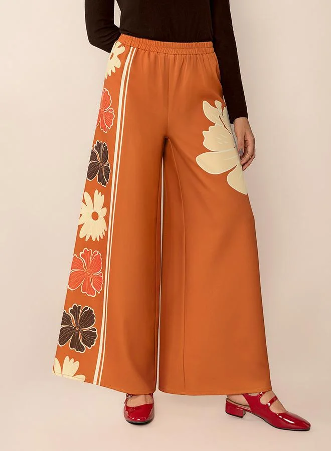 تايك تو بنطلون نسائي واسع الساق بخصر مطاطي وطبعات زهور